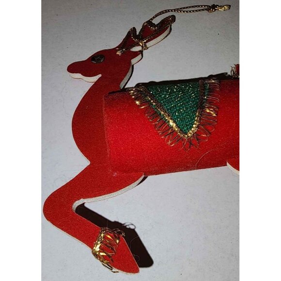 Vintage Red Reindeer Christmas Ornament With Gold Accents & Green Saddle AX - Picture 3 of 9